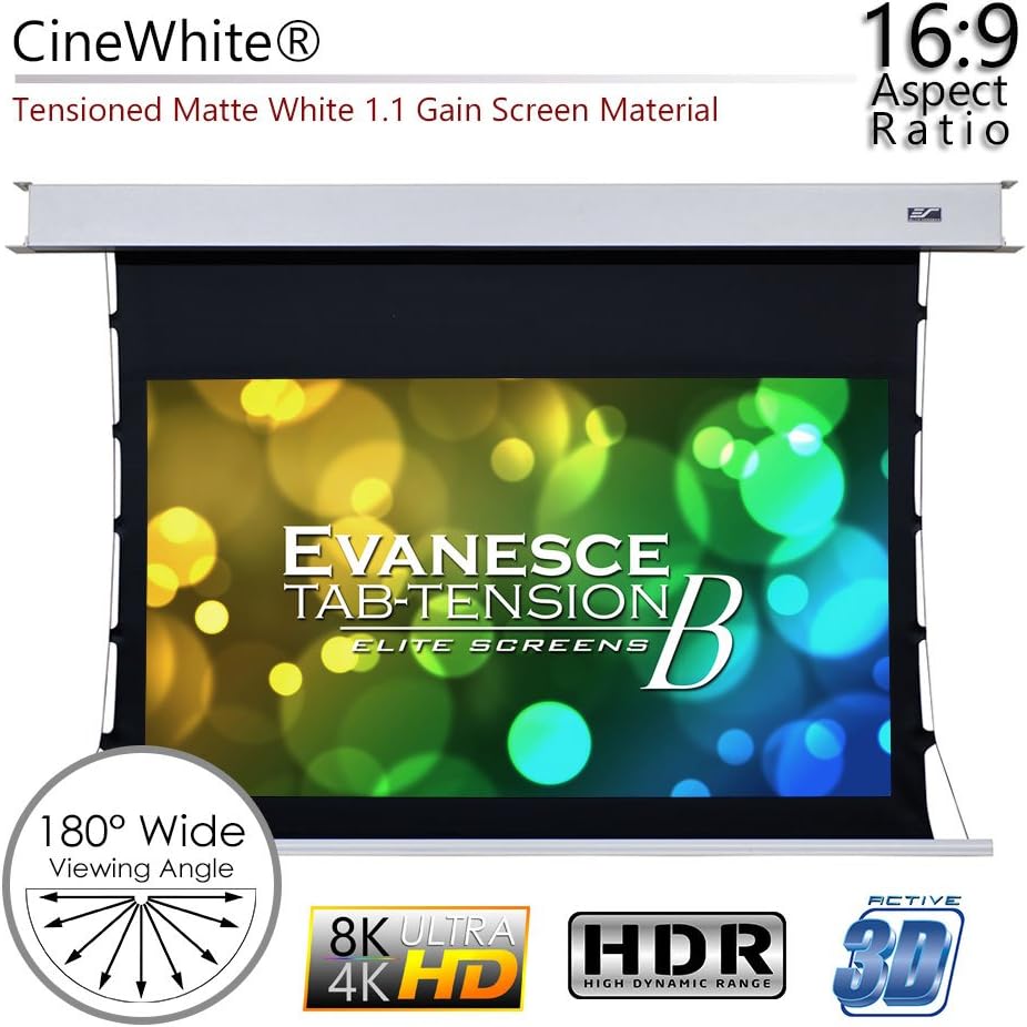 Elite Screens Evanesce Tab-Tension B, 110-inch 16:9, 4K / 8K HD, Recessed in-Ceiling Electric Tab Tensioned Projector Screen, Matte White Projection Screen Surface Programmed Remote Kit, ETB110HW3-E8