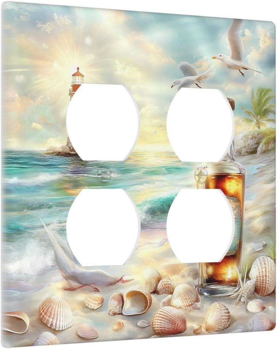 Outlet Covers Beach Ocean Lighthouse Seashells 2 Gang Double Duplex Decorative Light Switch Covers Electrical Wallplates Socket Faceplate For Bed Room Living Room Decor