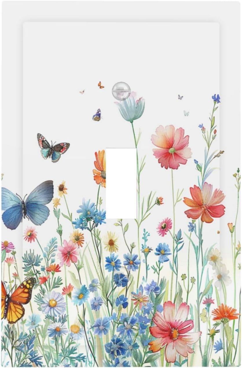 Decorative Light Switch Cover Plate Rustic Wildflower Blue Pink Floral Butterfly 1 Gang Single Toggle Wall Plates for Electrical Outlets Outlet Covers Switch Plate Covers for Home Decor