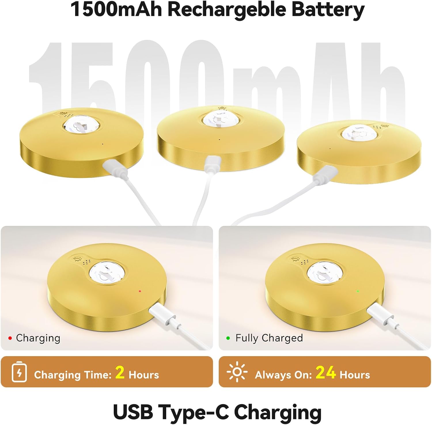 Rechargeable Puck Lights with Remote, 6 Pack Magnetic Under Cabinet Lighting, 1500mAh Battery Operated LED Tap Lights with Dimmer & Timmer for Kitchen, Closet, Shelf - 3 Color Temps & 12 RGB, Gold