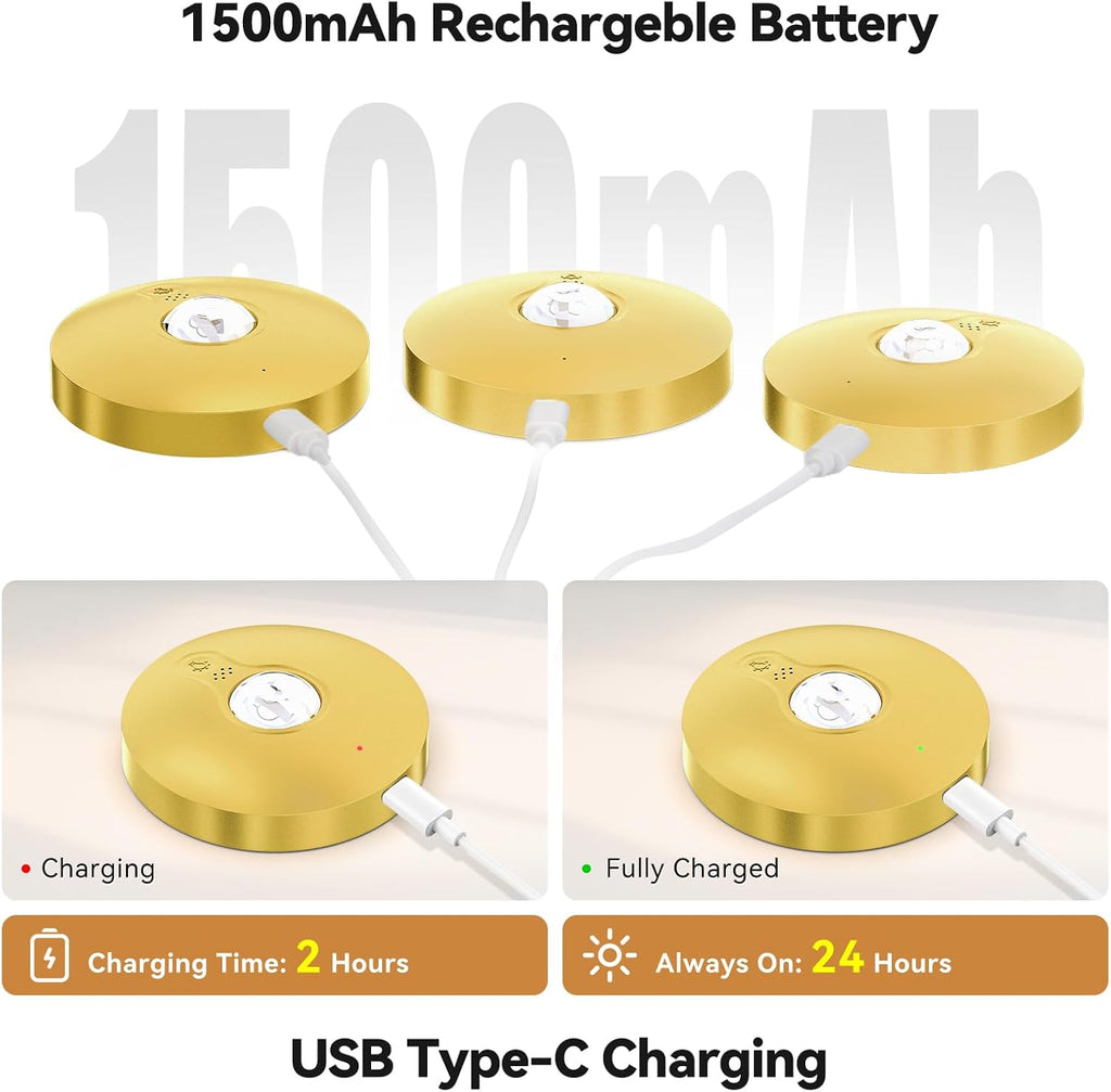 Yiliaw Rechargeable Puck Lights with Remote, Magnetic Under Cabinet Lighting, 1500mAh Battery Operated LED Tap Lights with Dimmer & Timmer for Kitchen, Closet, Shelf，Gold-3 Color Temps-12RGB，12-Pack
