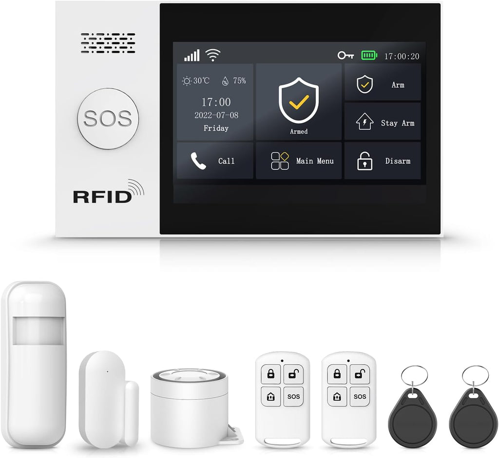 Home Alarm System,Wireless Security System with Touch Screen DIY Kit,Remote & Phone App Control,WiFi+GSM/4G Door/Motion Sensors Compatible with Alexa for Apartment,Kids Safety,Office NO Monthly Fees