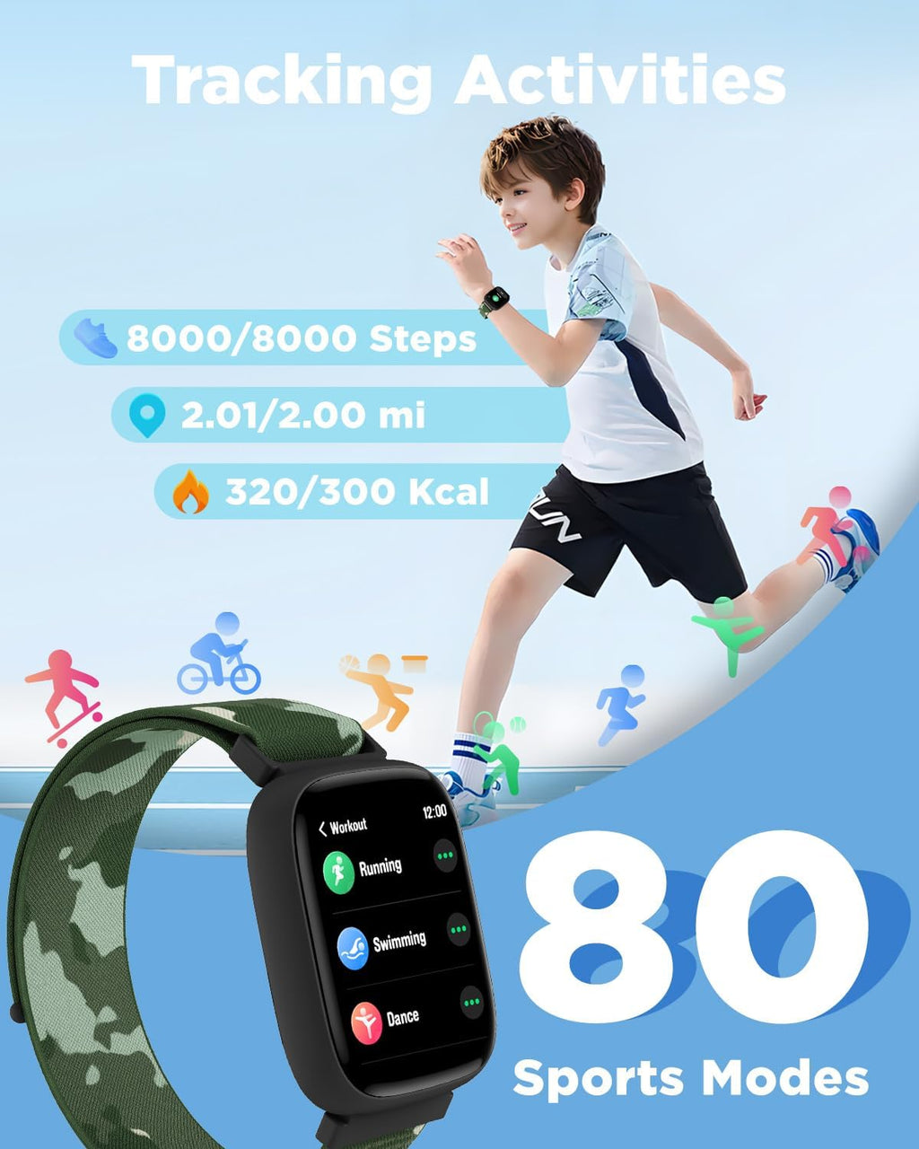 BIGGERFIVE Smart Watch for Kids, 1.8" Fitness Tracker Watch Pedometer, Heart Rate, Sleep Monitor, IP68 Waterproof, Calorie Step Counter, Puzzle Game with/without APP for Girls Boys Teen 5-16, 2 Straps