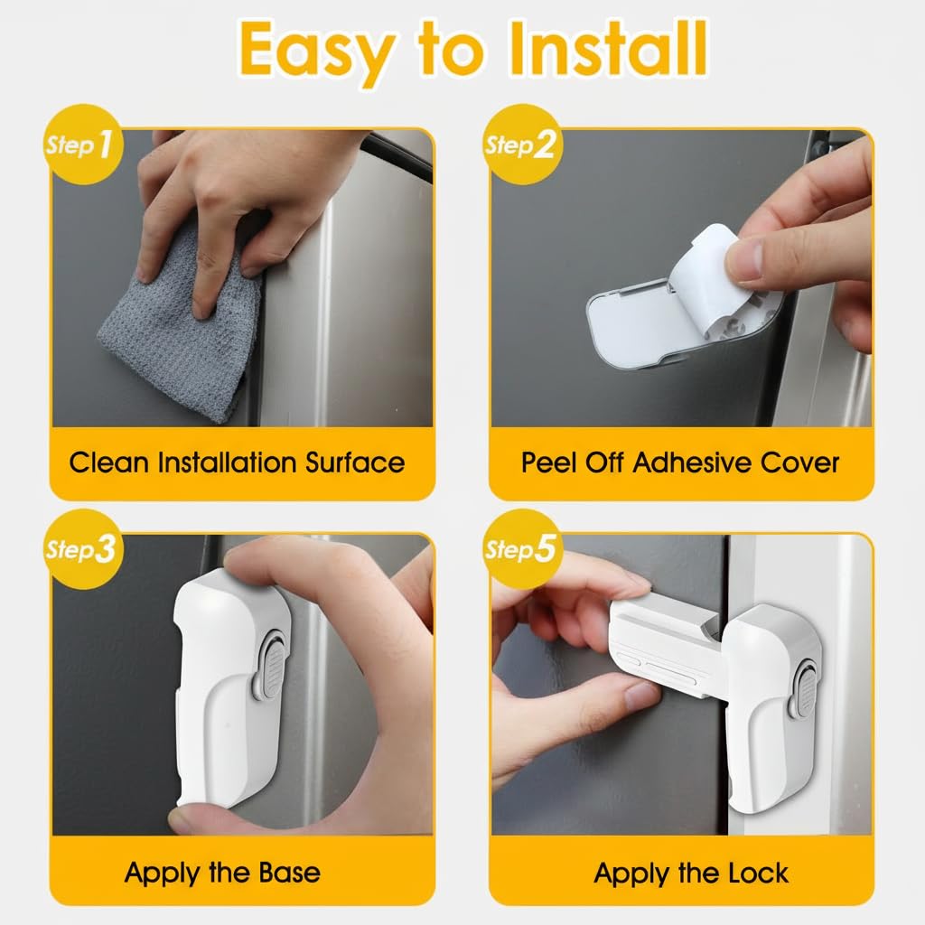 Fridge Locks for Kids - Fridge Lock & Refrigerator Lock, 2-Pack Dual Mode Child Proof Safety Lock, No-Drill 2 Extra Adhesive Freezer Lock & Freezer Door Latches to Keep Toddlers Safe (White)