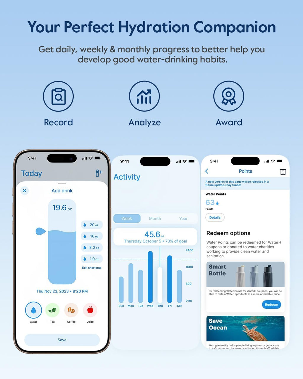 BOOST Smart Water Bottle with Reminder & Tracker, Double Wall Vacuum Insulated Bottles Stainless Steel, 32oz BPA-Free Wide Mouth for Gym, Office, School, Ideal Gift for Christmas, New Year