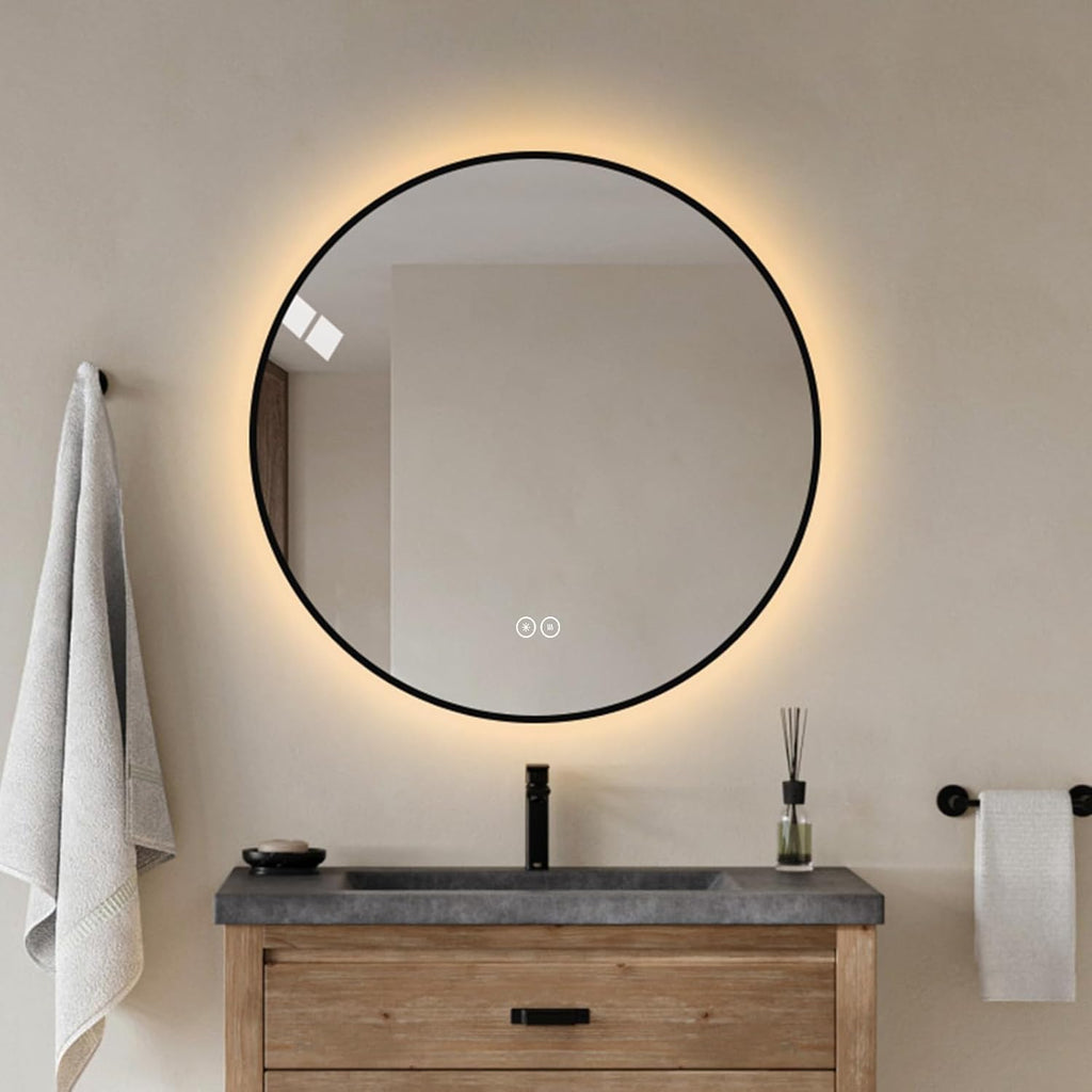 Round LED Bathroom Mirror with Gold Frame, 24V Backlight, 3 Color Temperatures, Dimmable, Memory Function, Defogging (Black Border, 28" L x 28" W)
