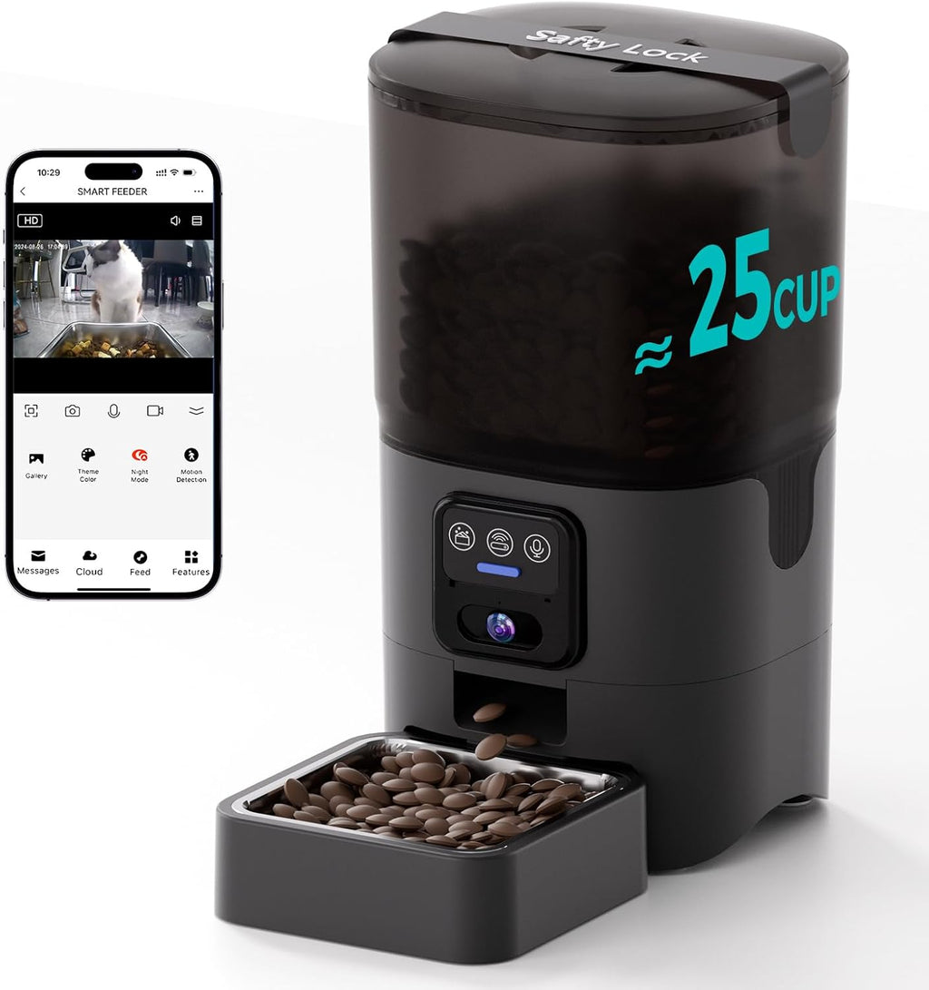 PAPIFEED Automatic Cat Feeder,Camera 1080P HD - 6L Pet Feeder, 2.4/5G WiFi Smart App Control, Bluetooth Assist Link,Wide-Angle Lens,Automatic Feeder for Small and Medium-Sized Pets (Wide Angle Video)