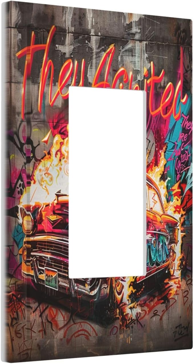 Decorative Outlet Covers Hip Hop Street Graffiti Flame Car 1 Gang Single Rocker Light Switch Cover Plate Wall Plates GFCI Faceplate for Bedroom living Room Decor
