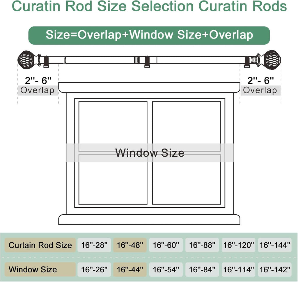 Curtain Rods for Windows 16 to 48 Inches Adjustable Length 1 Inch Diameter Window Curtain Rod with Wood Grain Leaf Pattern Finials,for Heavy Duty Curtains Rods