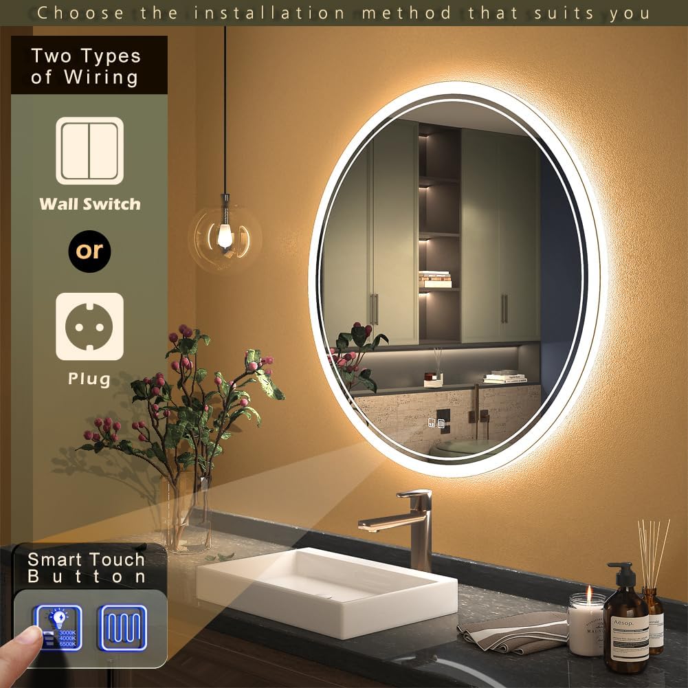 KWW Round Mirror Bathroom LED Lighted Mirror, Illuminated Dimmable Anti-Fog Wall-Mounted Makeup Vanity Mirror with Lights (23.5" L x 23.5" W)