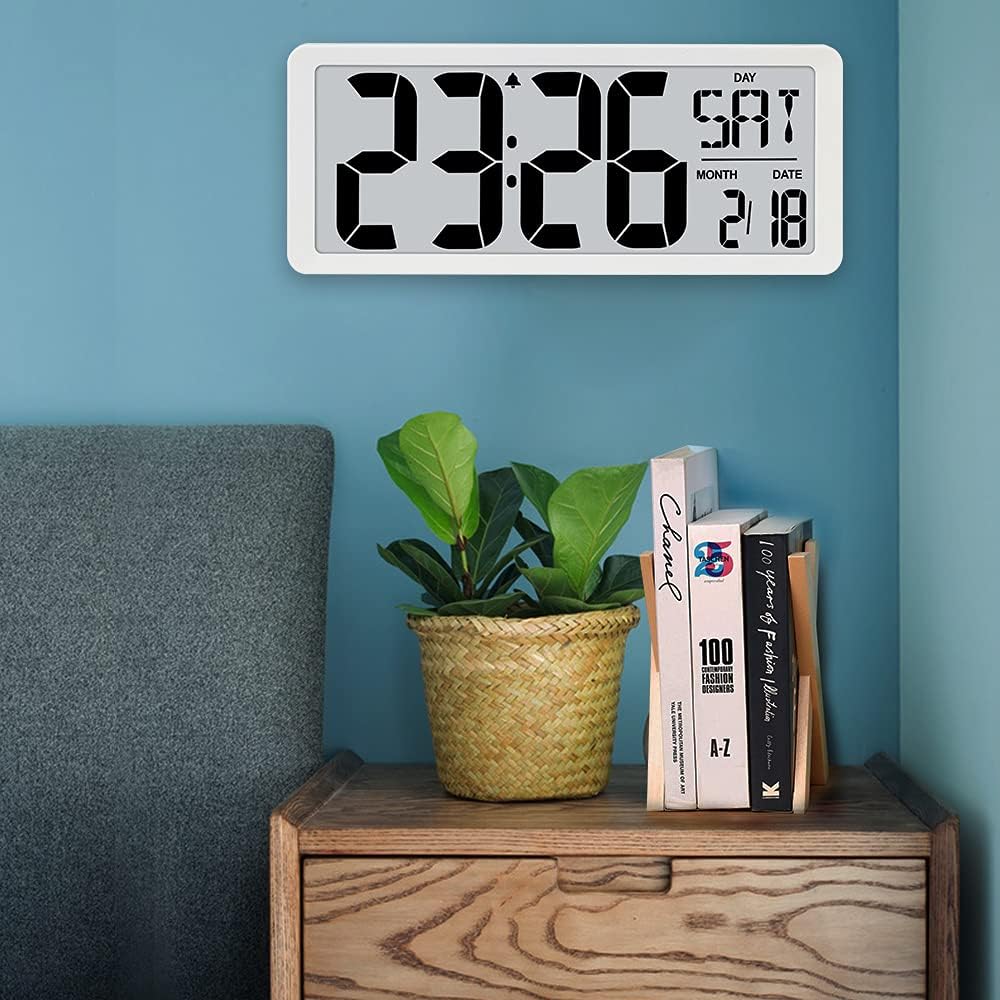 TXL 14.2" Large Digital Day Wall Clock, Custom 8 Languages Calendar, Count up-Down Timer and Temp Reminder, 12/24Hr Desktop Alarm Clock with Extra Large Display for Home Office Studio Hotel, White