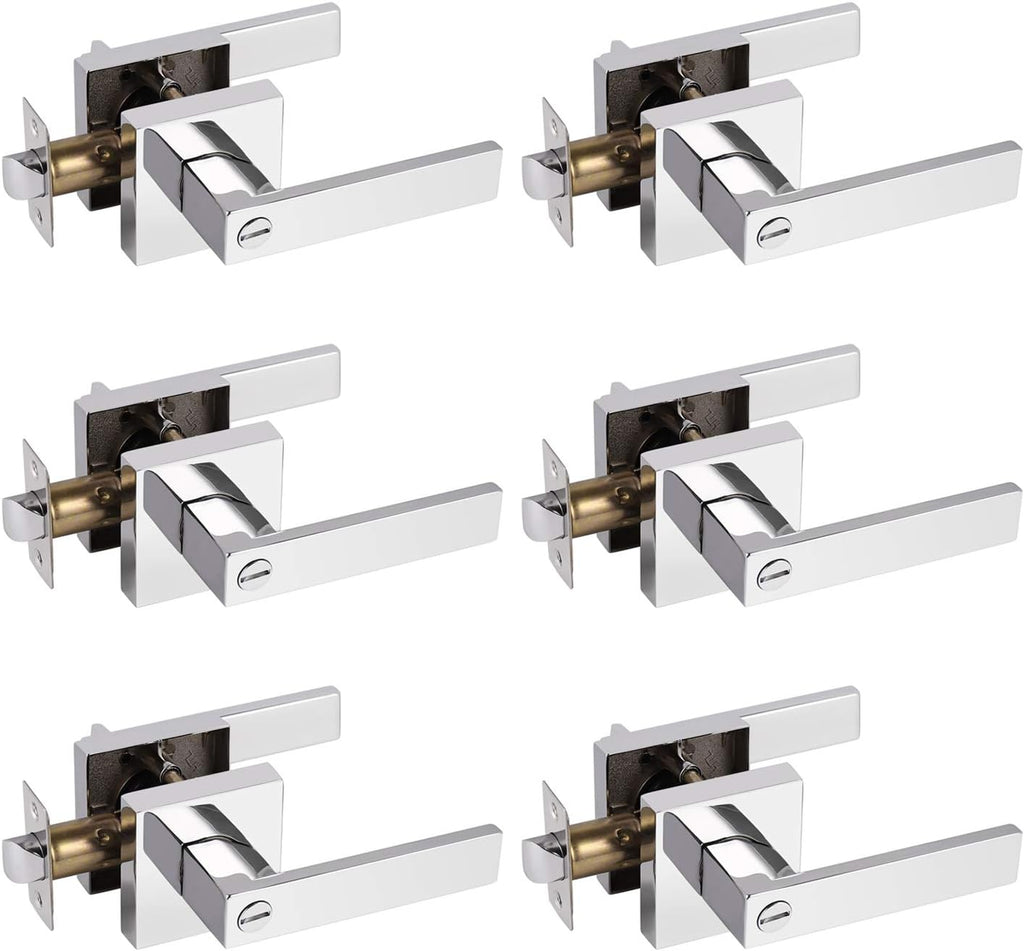 Probrico Polished Chrome Privacy Door Levers Heavy Duty Lockset for Interior Bedroom/Bathroom, Flat Square Universal Handing Handlesets/Leversets, 6 Pack