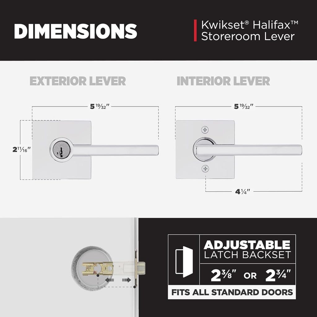 Kwikset Halifax Keyed Storeroom Entry Door Handle with Lock and Key, Secure Keyed Reversible Lever Exterior, for Front Entrance and Bedrooms, Polished Chrome, Pick Resistant Smartkey Rekey Security