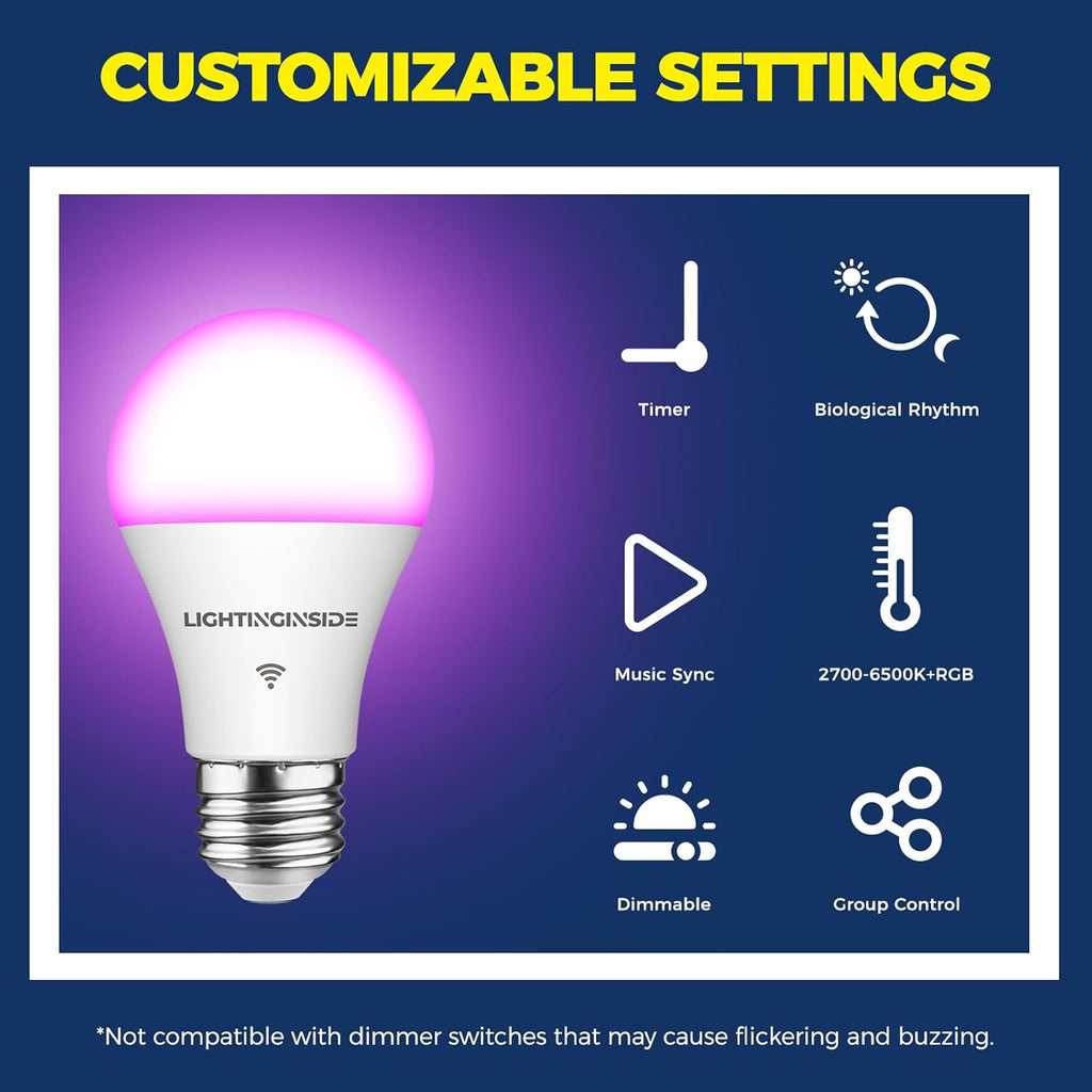 Lightinginside Smart Light Bulbs 60W Equivalent, WiFi Smart Bulb Compatible with Alexa/Google Assistant/Smart Life, A19 E26 RGBCW Color Changing, No Hub Required,2.4G WiFi, ETL Listed, 9W 800LM, 4PCS