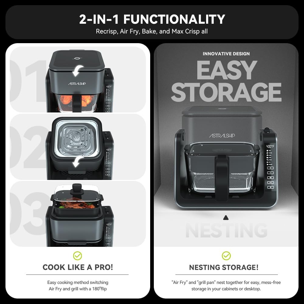 Astralship 2-in-1 Glass Air Fryer & Grill Combo, 4.2 QT + 1.3 QT Capacity, 7 Digital Presets, Small, Non-Toxic See-Through Glass Bowl, Low-Oil Healthy Cooking, Easy to Clean, Multi-Function Design