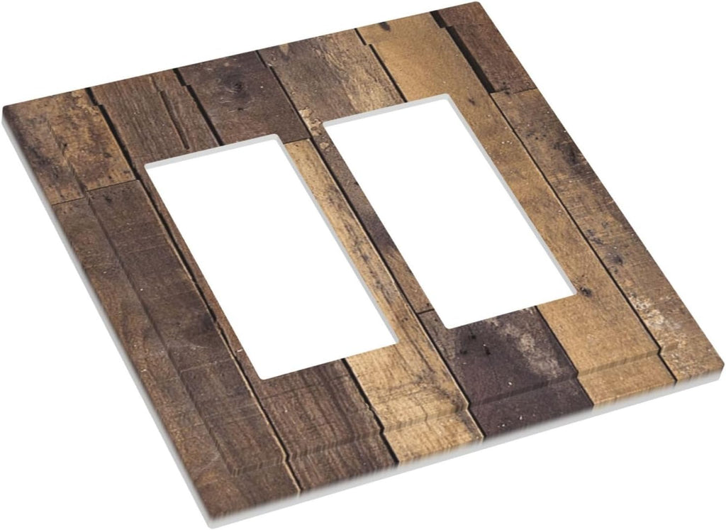 Cool Brown Wood Style Vintage Rustic Print Decorative Outlet Covers 2 Gang Double GFCI Rocker Electrical Wall Panels Light Switch Cover Plate for Farmhouse Home Decor