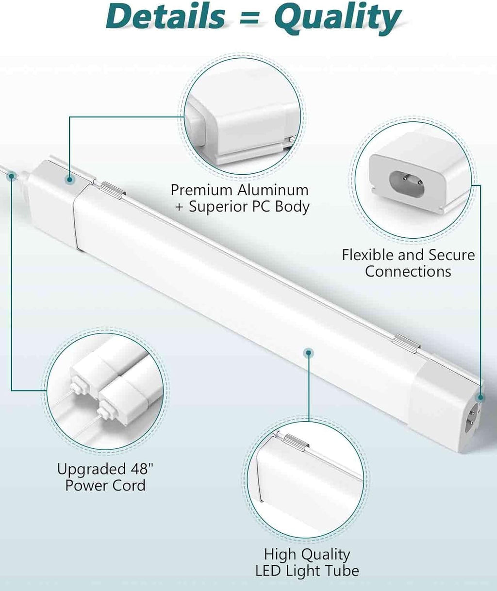 LED Tube Light Fixture with Plug, 2FT 2000LM 5000K Utility Shop, Linkable Cabinet for Garage, Kitchen, Bathroom, Closet, Office - 2Ft, Triproof, White