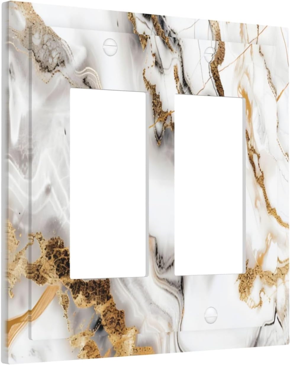 Luxurious Marble Abstract White Gold Tile Modern Simplicity Decorative Outlet Covers 2 Gang Double GFCI Rocker Electrical Wall Panels Light Switch Cover Plate for Bathroom Kitchen Decor