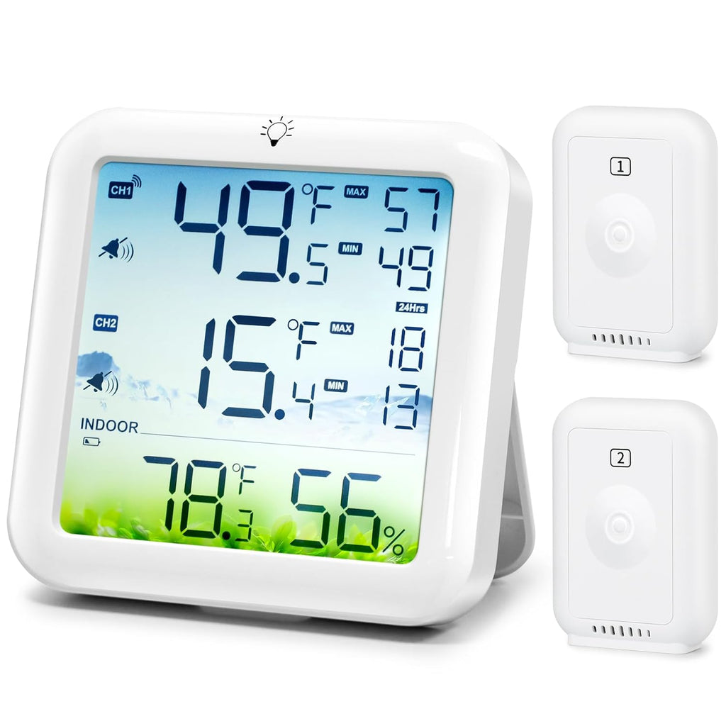 Refrigerator Thermometer with Freezer Alarm, Wireless Freezer Thermometer, Max/Min Temperature Records Fridge Monitor, 330ft Temperature Humidity Monitor with 2 Sensors, for Kitchen Home Restaurant