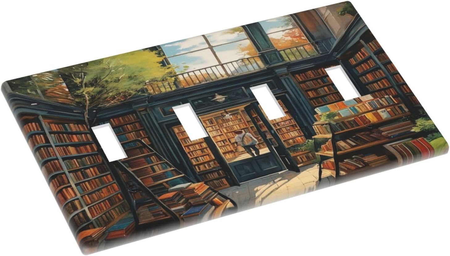 Library With A Lot Of Books Light Switch Covers Quad Toggle 4 Gang Wall Plate Decorative Switchplate Electrical Faceplate for Farmhouse Bathroom Living Decor
