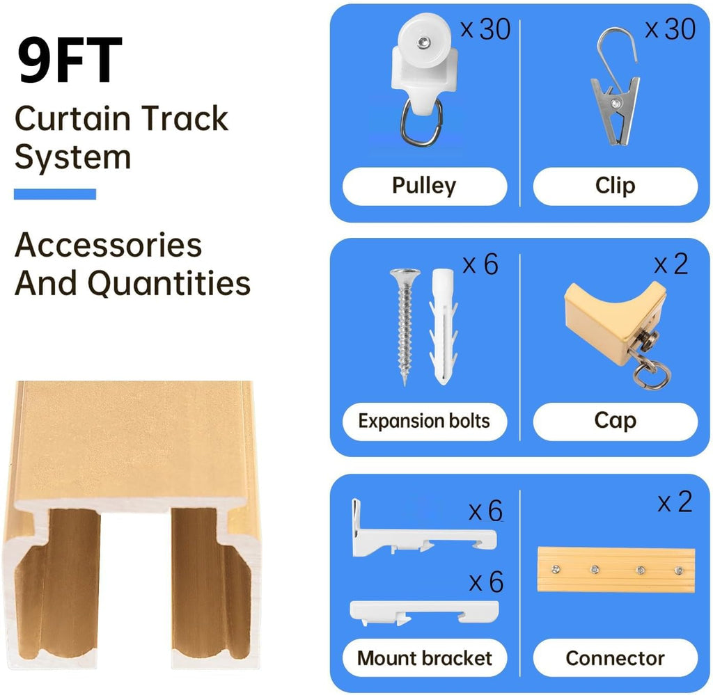 Ceiling Curtain Track Ceiling and Wall Mounted Heavy-Duty Curtains Rails Room Divider Curtains Shower RV Tracks Ceiling Sliding Curtain Rods With Clips,Gold 9ft.