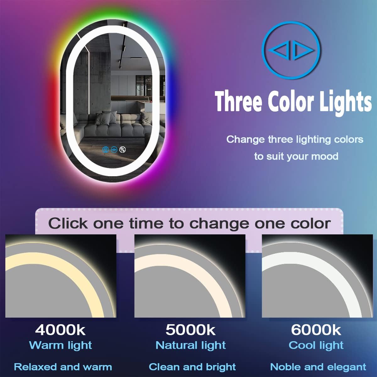 24 x 16 Inch RGB Oval Bathroom Mirror with Smart Dimmable 3 Color Front Lights & Rainbow Colorful Changing Backlit Oval Lighted Vanity Mirror for Bathroom Wall Horizontal or Vertical Mounted