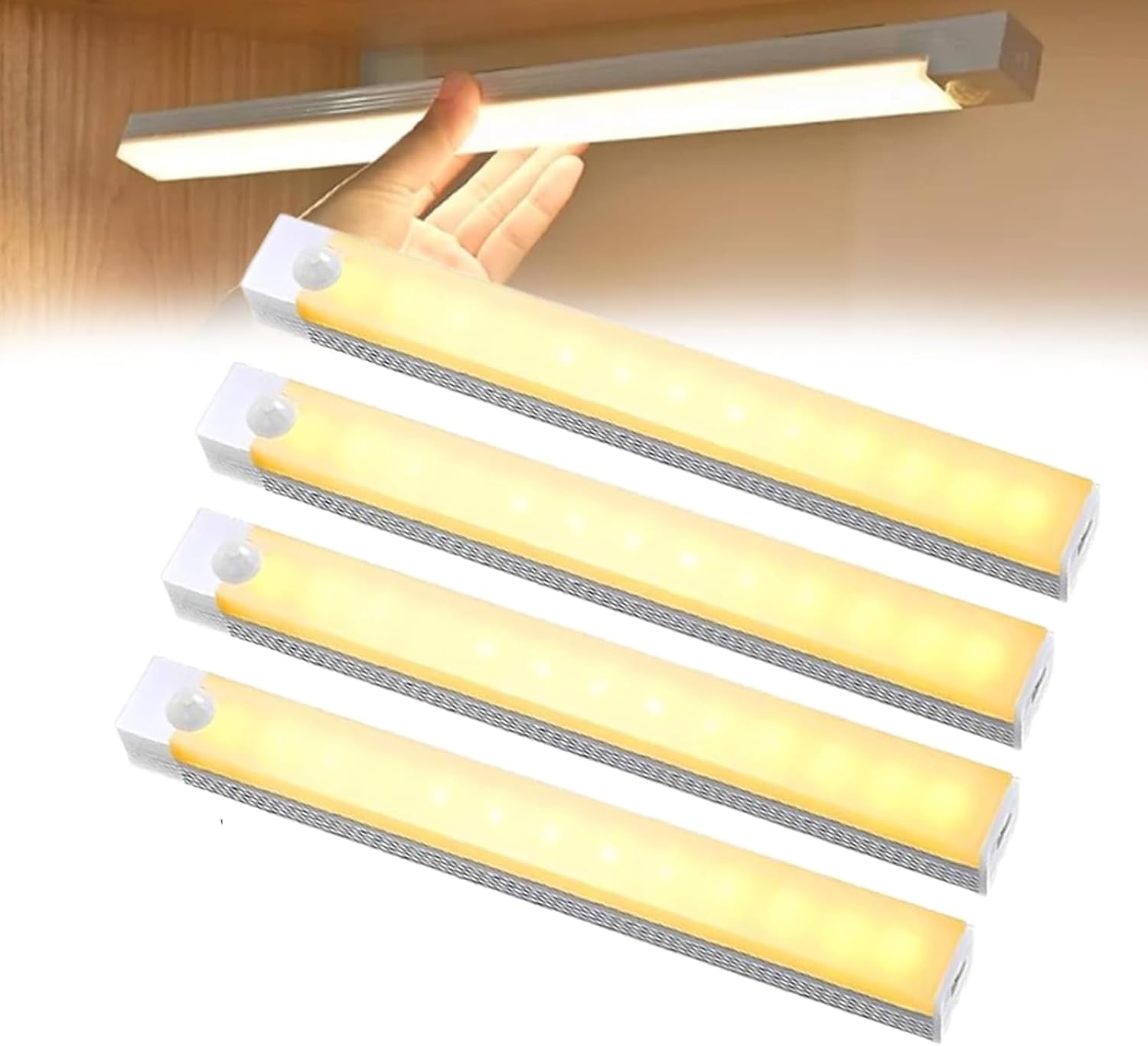 Punch-Free Smart Sensor Magnetic Rechargeable LED Lights, Motion Sensor Light Indoor for Stairs, Wardrobe, Cabinet (4PCS Warm Light,30cm/11.81in)
