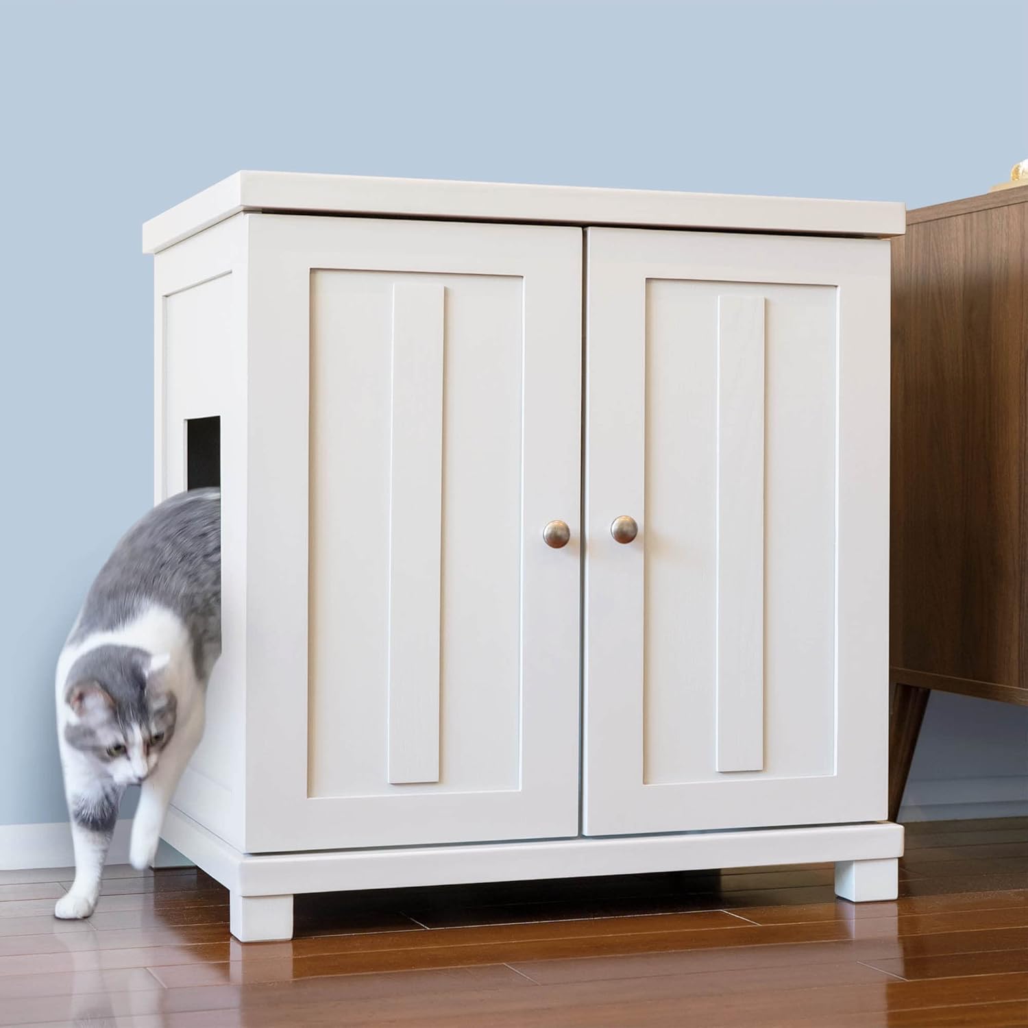 The Refined Feline Cat Litter Box Enclosure Cabinet, Shaker, White, Square Feet, XLarge, Hidden Litter Cat Furniture with Drawer