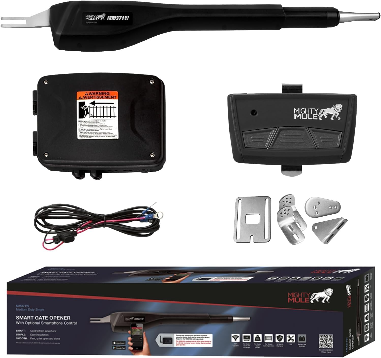 Mighty Mule MM371W Automatic Gate Opener, Smart and Solar Ready, Includes Gate Opener Remote and More-Up to 16ft Long or 550lb, Black, 1 Gate Opener Kit