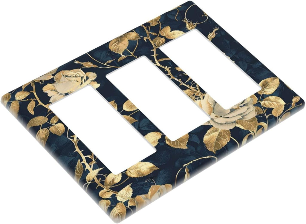 Light Switch Covers Boho Vintage Floral Golden Flower Dark Blue Background 3 Gang Rocker Electrical GFCI Decorative Triple Outlet Wall Plate Cover Switchplate for Bedroom living Room Decor