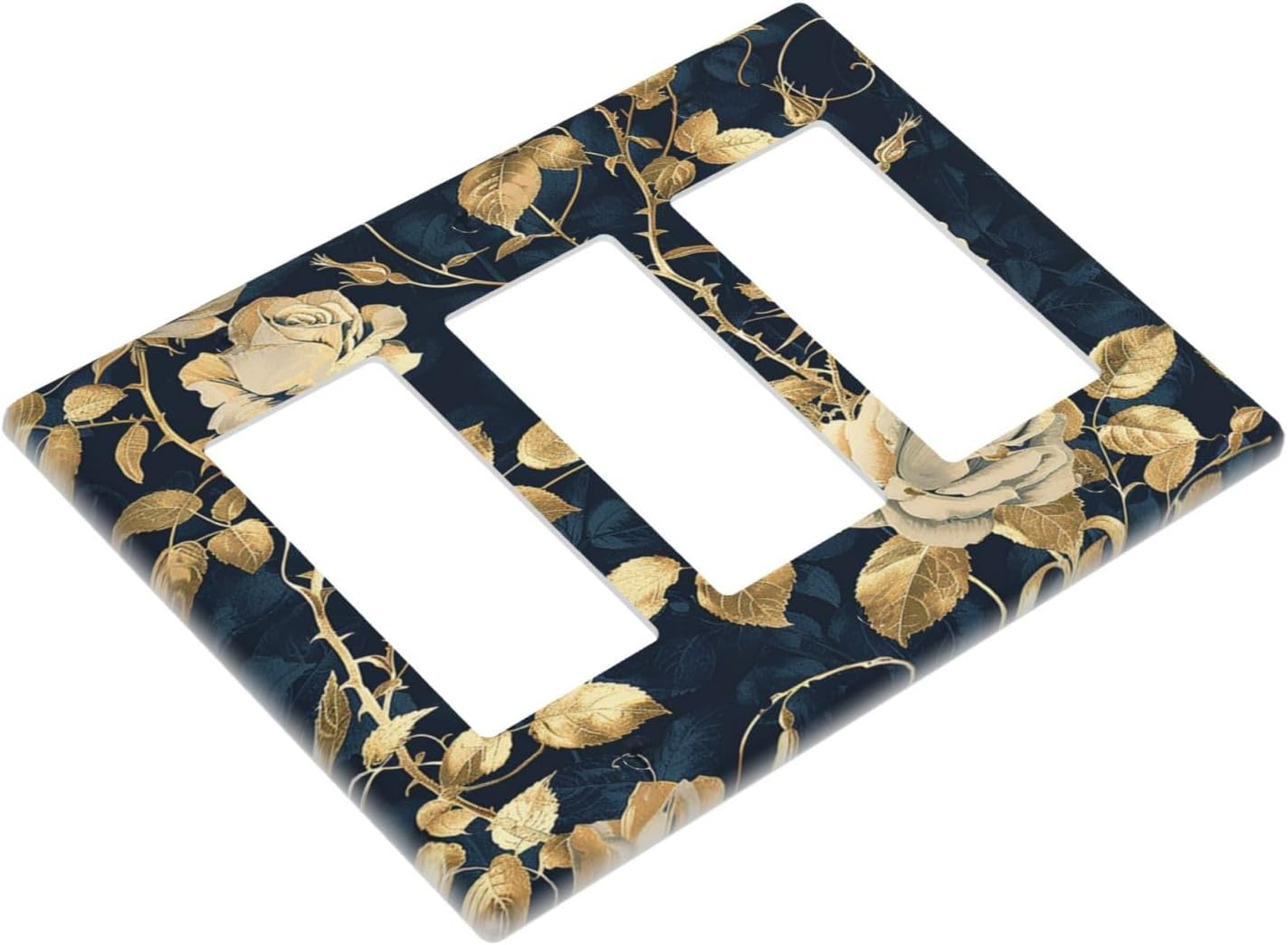 Light Switch Covers Boho Vintage Floral Golden Flower Dark Blue Background 3 Gang Rocker Electrical GFCI Decorative Triple Outlet Wall Plate Cover Switchplate for Bedroom living Room Decor