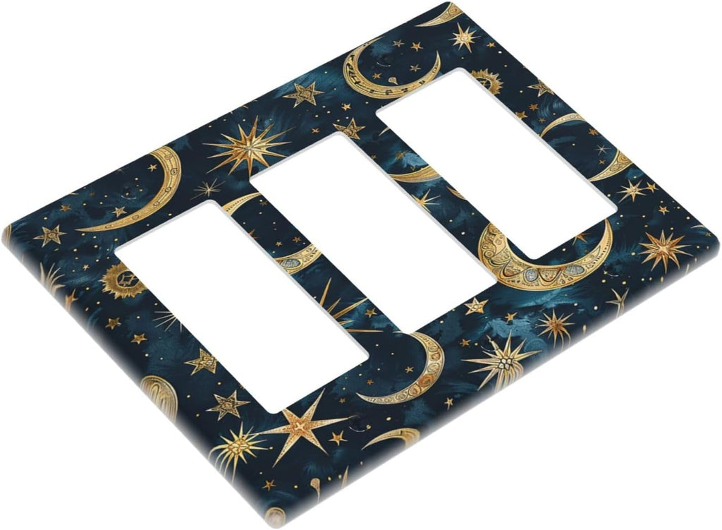 Light Switch Covers Modern Abstract Sky Blue Gold Moon Sun Star 3 Gang Rocker Electrical GFCI Decorative Triple Outlet Wall Plate Cover Switchplate for Bedroom Kids room Decor