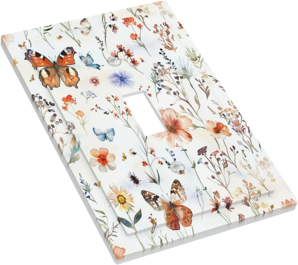 Decorative Light Switch Cover Butterfly Floral Boho Multicolor Flower Leave 1 Gang Single Toggle Device Electrical Faceplate Switchplates Decorator Outlet Wall Plate for Bed Room