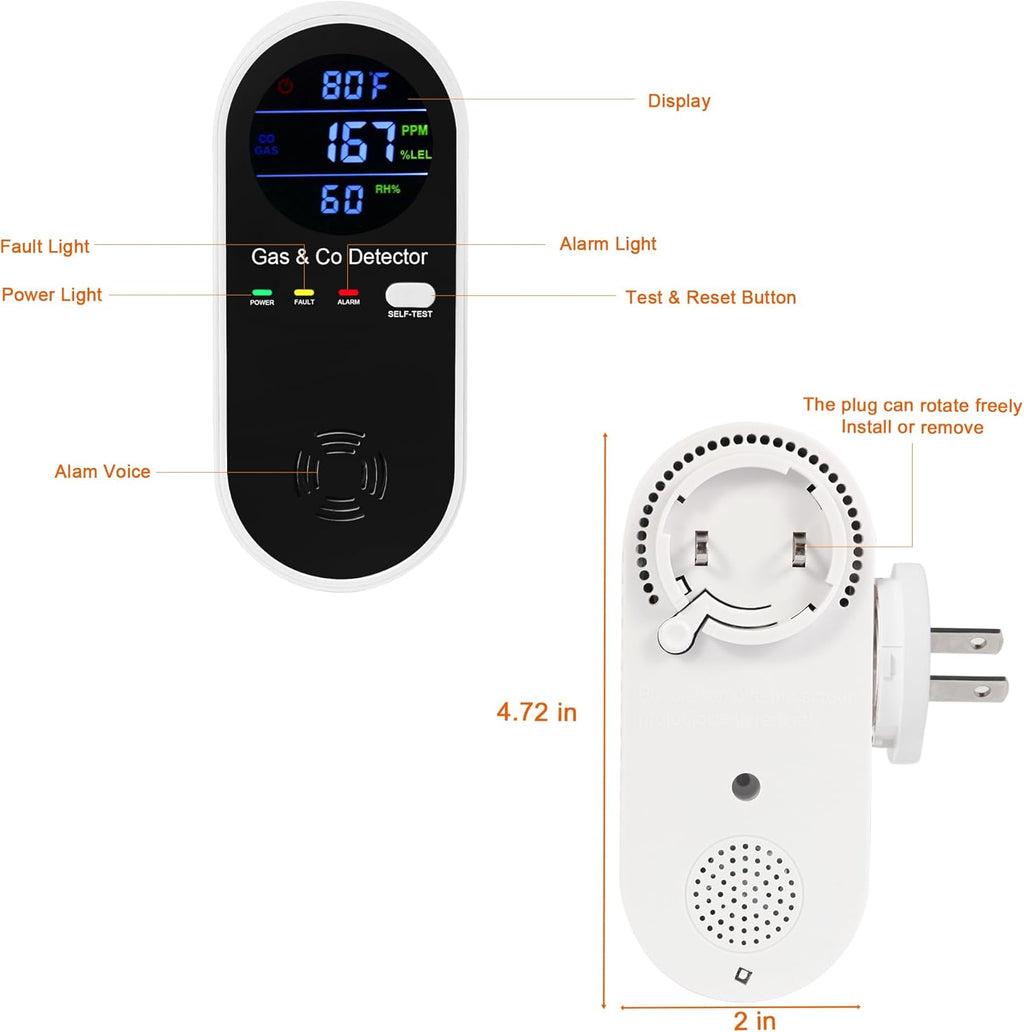 2 Packs Natural Gas & Carbon Monoxide Detector, 4-in-1 Explosive Gas & Carbon Monoxide Alarm with Temperature(°F) & Humidity for Home,RV,Hotel,Apartment