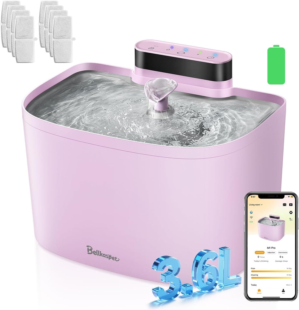 Cat Water Fountain, App Control Wireless Cat Fountain, 122oz/3.6L Pumpless Water Fountains for Cats Indoor with Stainless Steel Tray, Wi-Fi Dog and Pet Water Fountain (Pink, Fountain+8 Fliters)