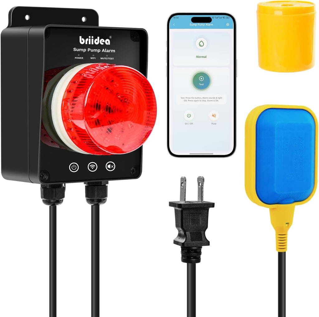 Smart WiFi Sump Pump Alarm, Briidea Indoor/Outdoor High Water Level Alarm, Supports APP Remote Monitoring, Equipped with 110dB Buzzer and LED Indicator, Ideal for Basements and Septic Sump Pump