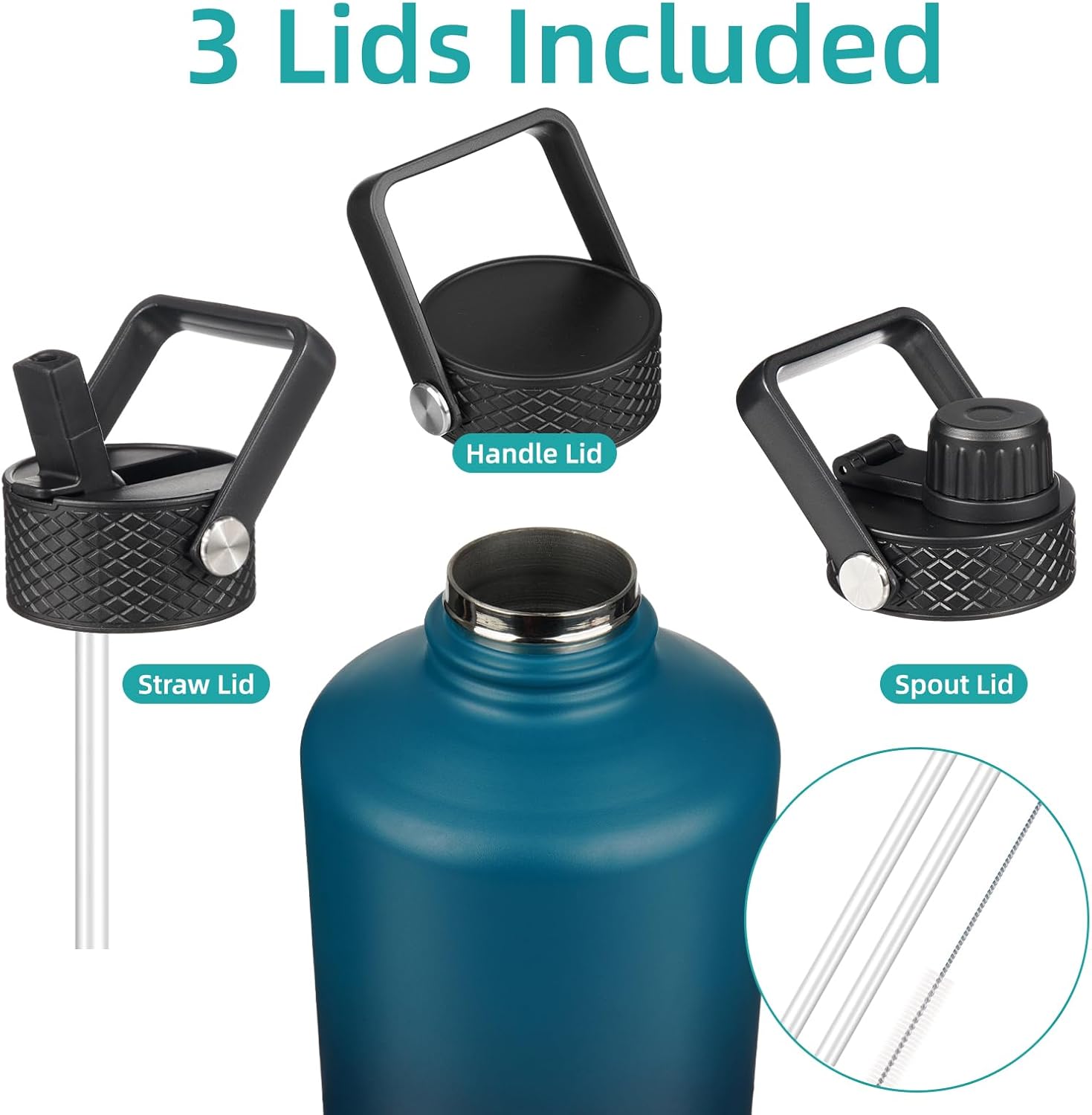 Gallon Insulated Water Bottle with Straw,128 oz 3 Lids Water Jug with Carrying Bag,Paracord Handle, Double Wall Vacuum Stainless Steel Metal Flask,Indigo Black