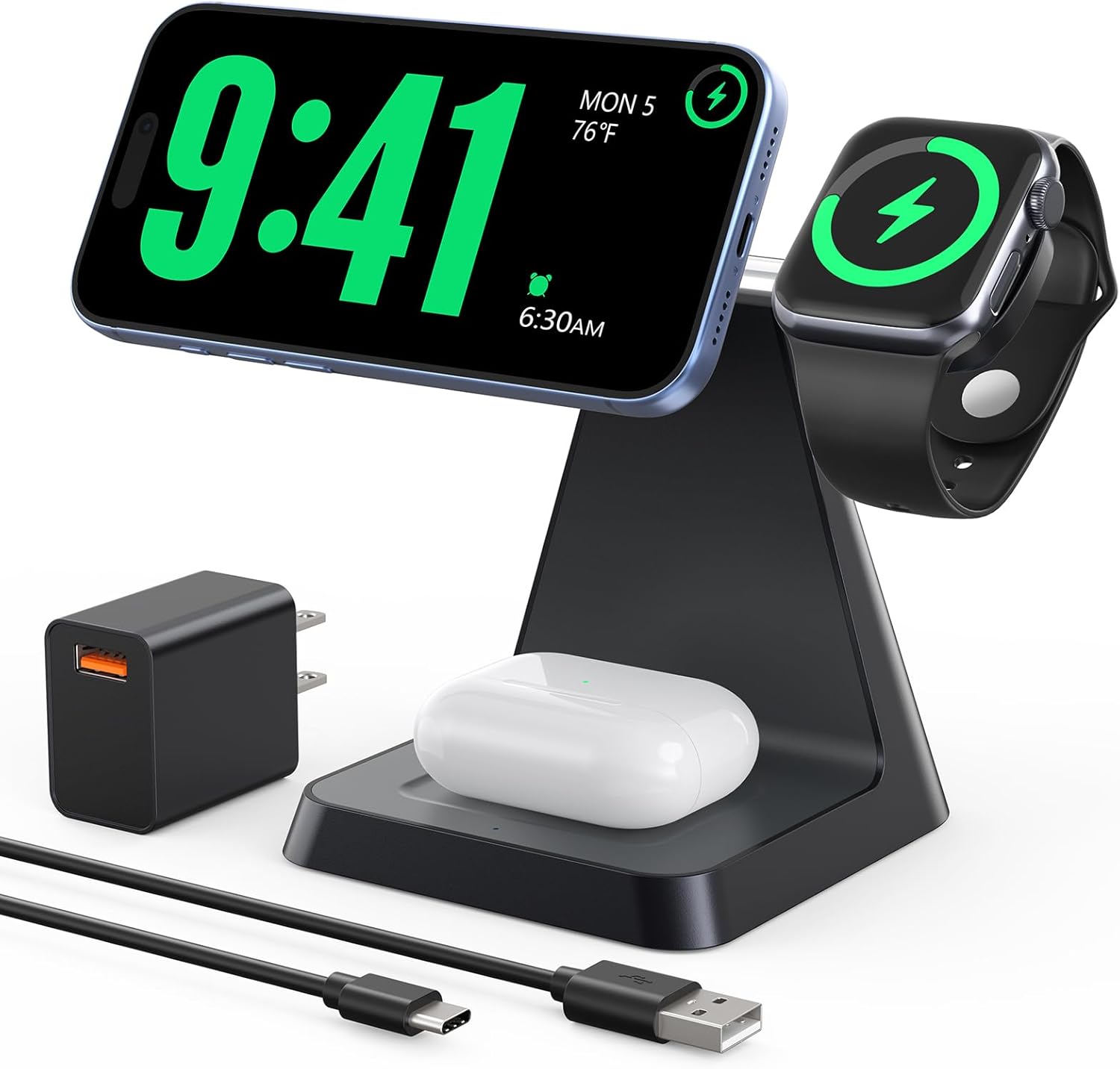 Charging Station for Multiple Devices Apple: 3 in 1 Magnetic Wireless Charger Stand for MagSafe-Compatible Nightstand Charging Dock for iPhone 17 16 15 14 13 12 Pro Max Plus Apple Watch Airpods