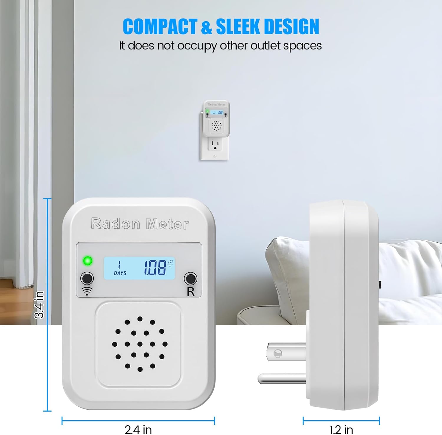 WiFi Home Radon Detector, Portable Radon Meter with Real-Time Short & Long-Term Monitoring, Plug-in Design, Instant Alerts & App Control