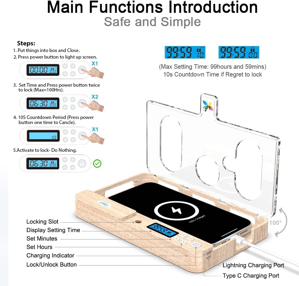 ySky Portable Timed Phone Lock Box for iPhone and Android Phones, Self-Control Timer Phone Locker Box to Help Kids,Students, Adults Focus Back(Woodgrain)