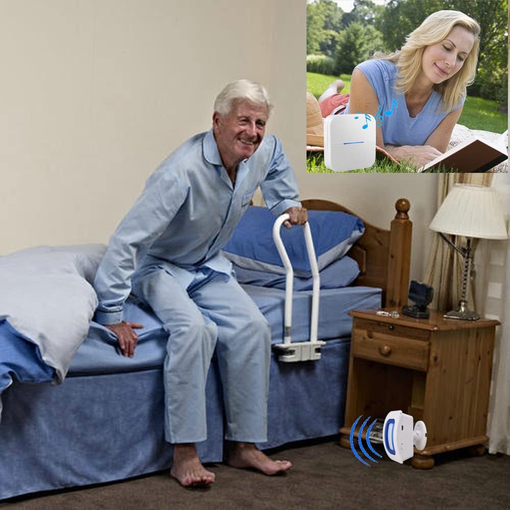 Indoor Motion Sensor Alert Wireless Caregiver Pager Bed Alarm and Fall Prevention for Elderly Dementia Patients (1 Battery Receiver 2sensor)