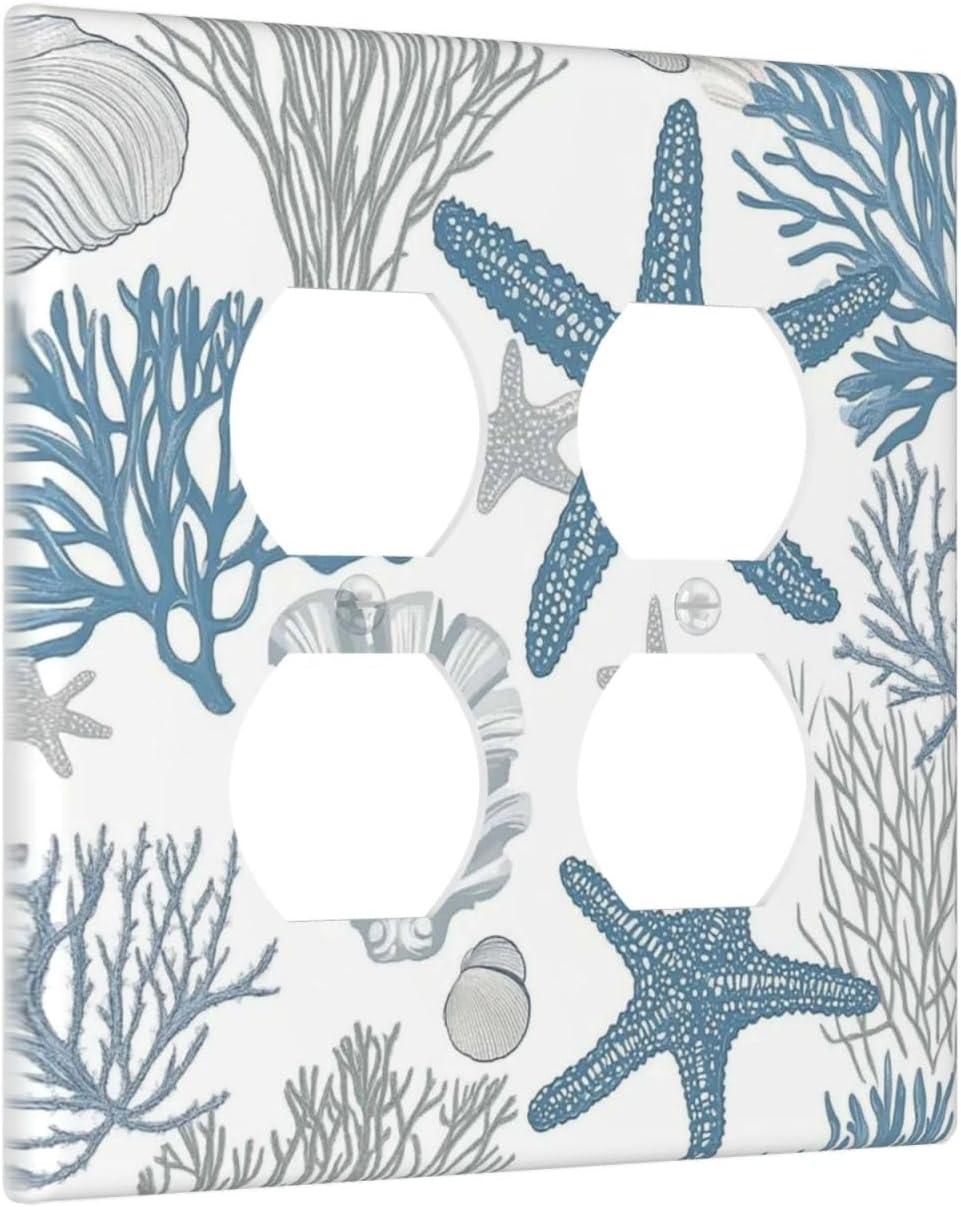 Blue Starfish Nautical Beach Conch Coastal Coral Shell Outlet Covers 2 Gang Double Duplex Decorative Light Switch Covers Electrical Wallplates Socket Faceplate For Kids Room Bathroom Decor