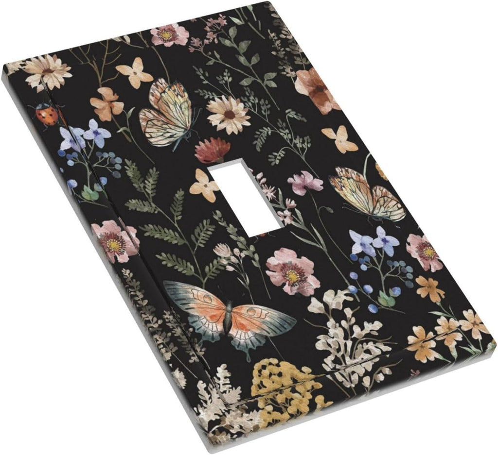 Decorative Light Switch Plate Covers Boho Black Butterfly Rustic Flower 1 Gang Light Switch Cover Plate Single Toggle Wall Plate Outlet Covers Faceplate for Bedroom Home Decor