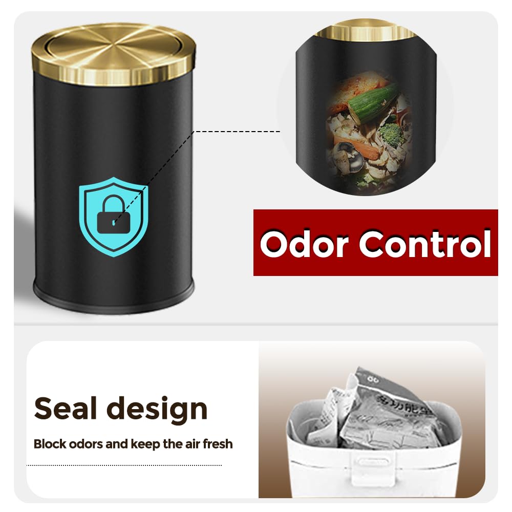 9L/2.4GAL Black Bathroom Trash Can,Gold Small Trash Can with Lid,Garbage cans for Bathroom, Hotel,Office,Lundry,Powder Room 【Perfect Christmas Gift Idea】 (ＢＬＡＣＫ)