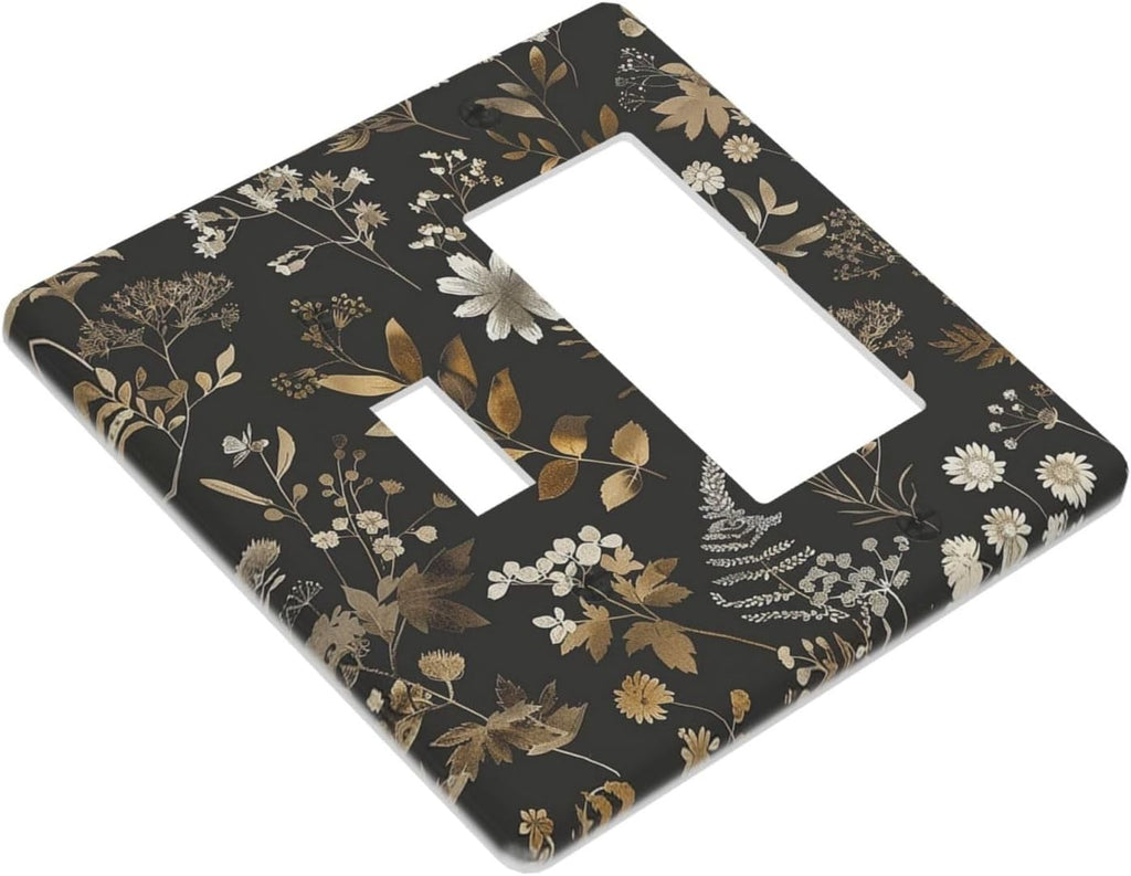 Outlet Covers Black Gold Floral Dark Leaves Vintage Flowers 1 Toggle 1 Rocker Combination Decorative Wall Plate Electrical Switch Plates Light Switch Cover Plate for Bed Room Home Decor