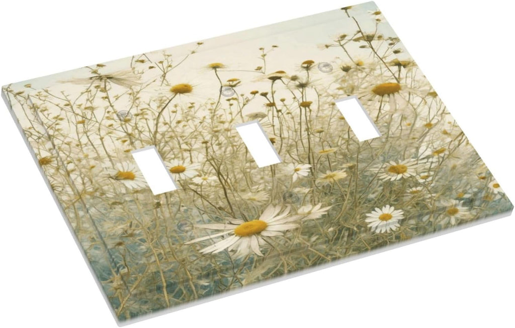White Wildflowers Daisy Vintage Floral Decorative Switch Plates 3 Gang Wall Plate Triple Toggle Light Switch Cover Faceplate Electrical Wall Panels for Bed Room Living Room Decor