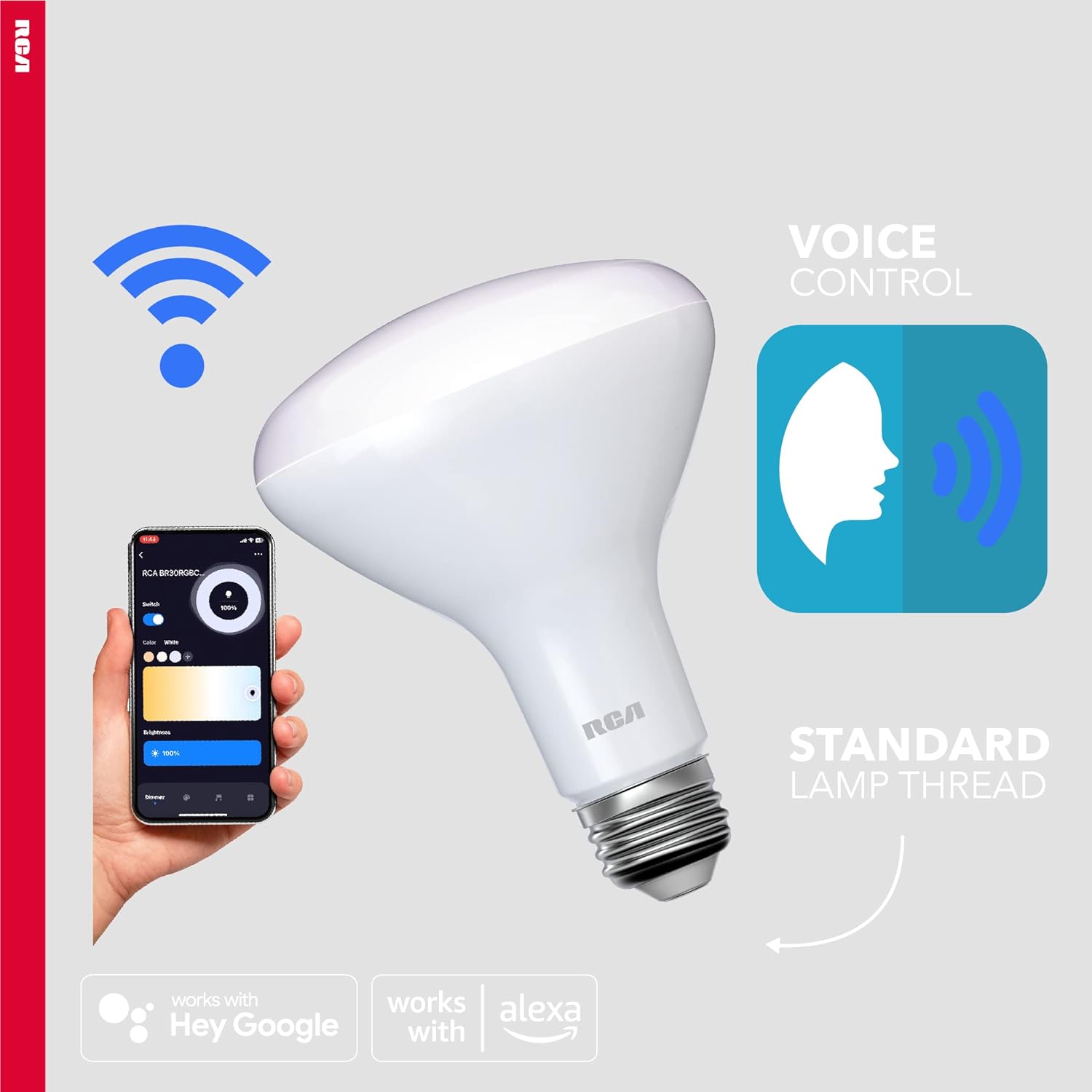 RCA Dimmable Smart Light Bulbs, 1-PK | BR30 WiFi LED Light Bulb | Indoor Flood LED Bulbs | 9W (60W Eq) | 2700K Soft White, 720 Lumens, E26 Base | Voice Activated Lights, Google & Alexa Light Bulb