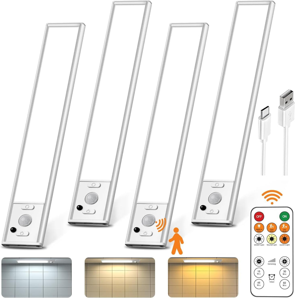 Under Cabinet Lights Wireless,Motion Sensor Light Indoor Closet Lights with Remote Control,3 Color Temps,LED Rechargeable Battery Operated,Under Counter Lights for Kitchen,Wardrobe,Stairs,4 Pack