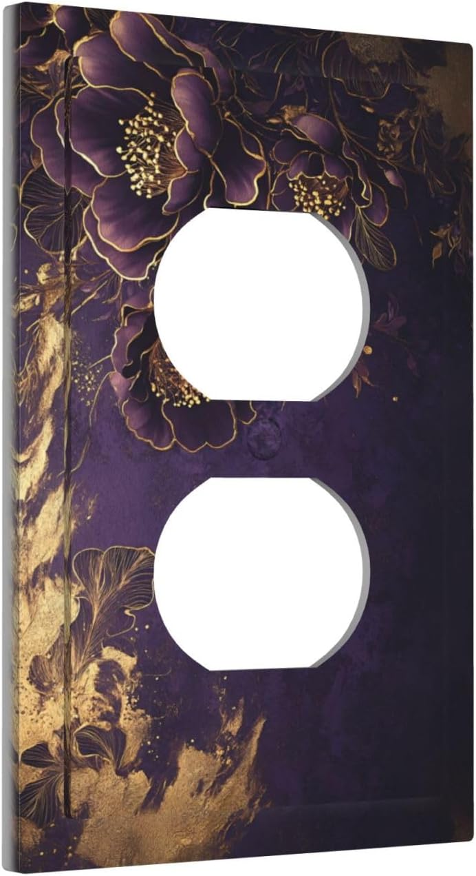 Decorative Outlet Covers Vintage Purple Peony Gold Leaf Flowers Floral 1 Gang Duplex Light Switch Cover Plate Wall Plates Electrical Switchplate Face Plate for Bedroom Decor