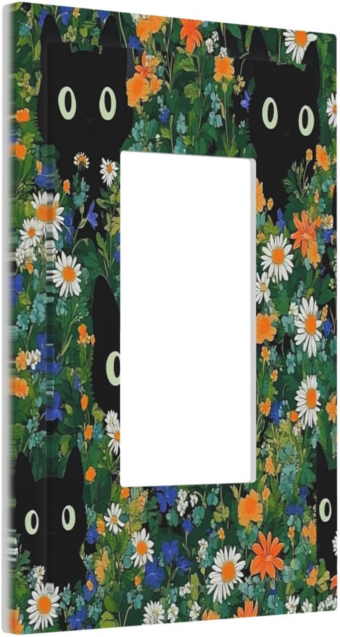 Boho Funny Black Cute Cats Daisy Wildflower Decorative Outlet Covers 1 Gang Single Rocker Light Switch Cover Plate Wall Plates Gfci Faceplate For Kids Room Bed Room Decor